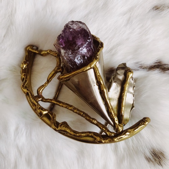 Vintage Rare 70s 80s Copa Collection Brutalist Brass Amethyst Belt Buckle - Picture 3 of 8